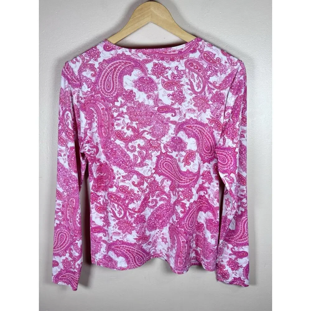 Lands' End Women's Crew Neck Long Sleeve Rash Guard UPF 50 Size M Pink Paisley